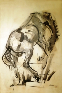 Sin título (caballo): Tinta sobre papel, 68 cm. x 98 cm., 1959. Esta tinta anticipa uno de los trabajos más emblemáticos de Castagnino: la ilustración del Martín Fierro que hizo para Eudeba en 1962.