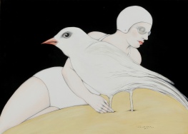 Mujer y pájaro blanco 70 x 50 cm